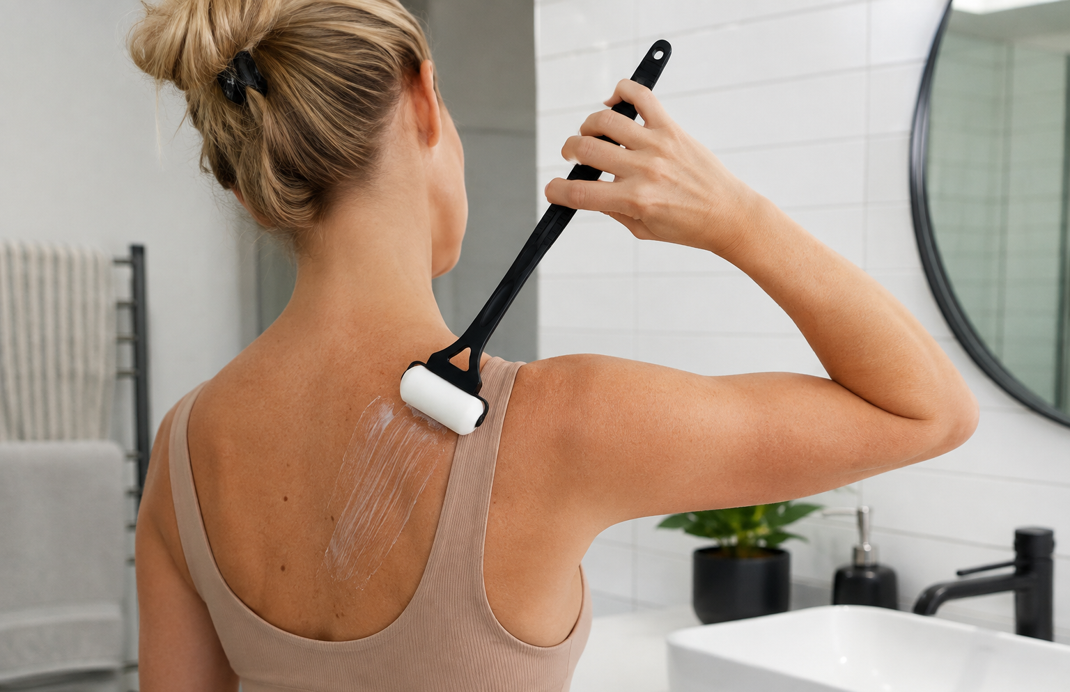 Woman using a long handle lotion applicator to reach the middle of her own back