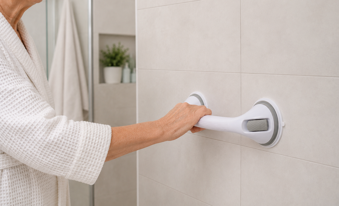 Suction grab bar mounted on smooth bathroom tile as a balance handhold
