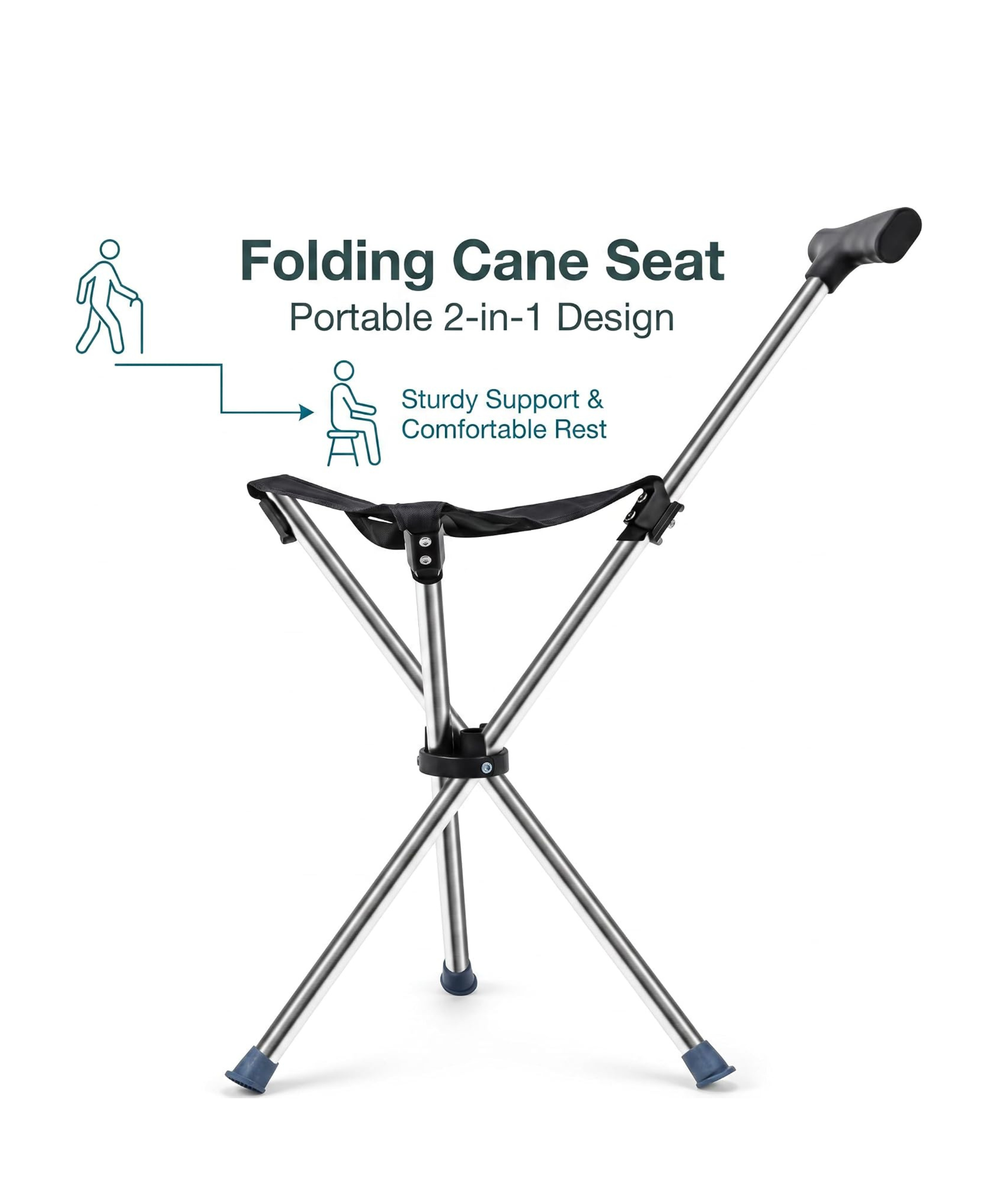 Compact folding cane seat for travel and portability
