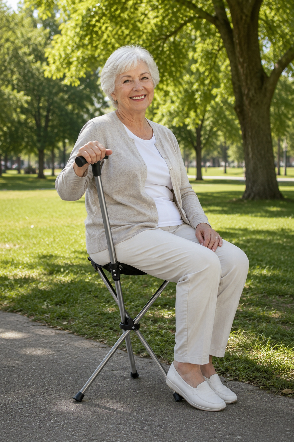 Elderly woman using folding cane seat outdoors